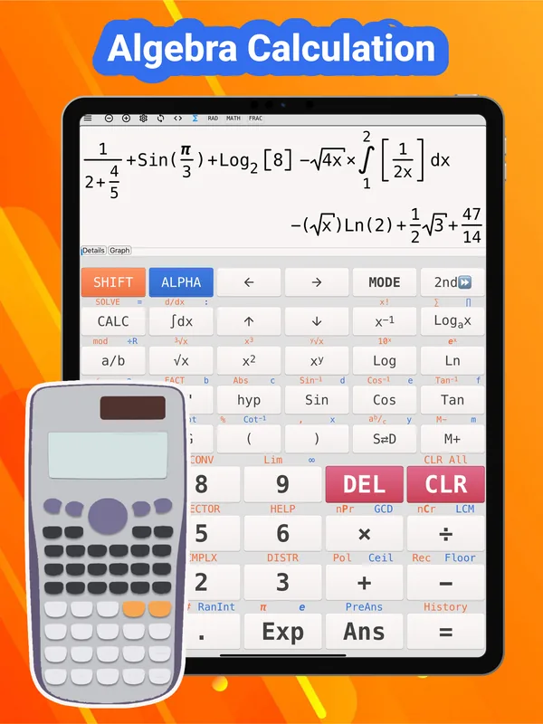 Algebra Calculation on iPad: a natural-display expression with fractions, roots, logarithms and an integral