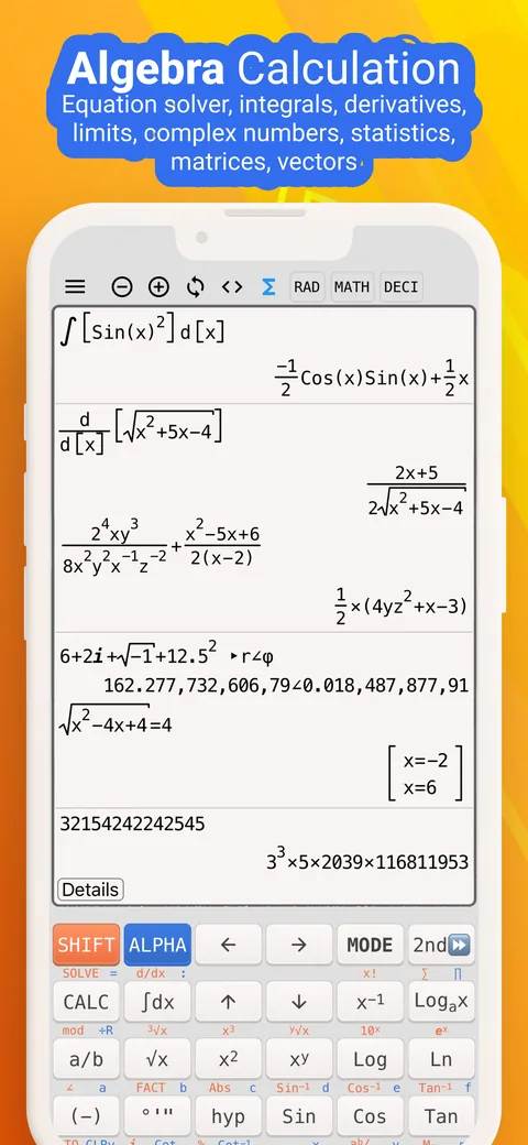 Algebra Calculation: equations, integrals, derivatives and matrices in natural display