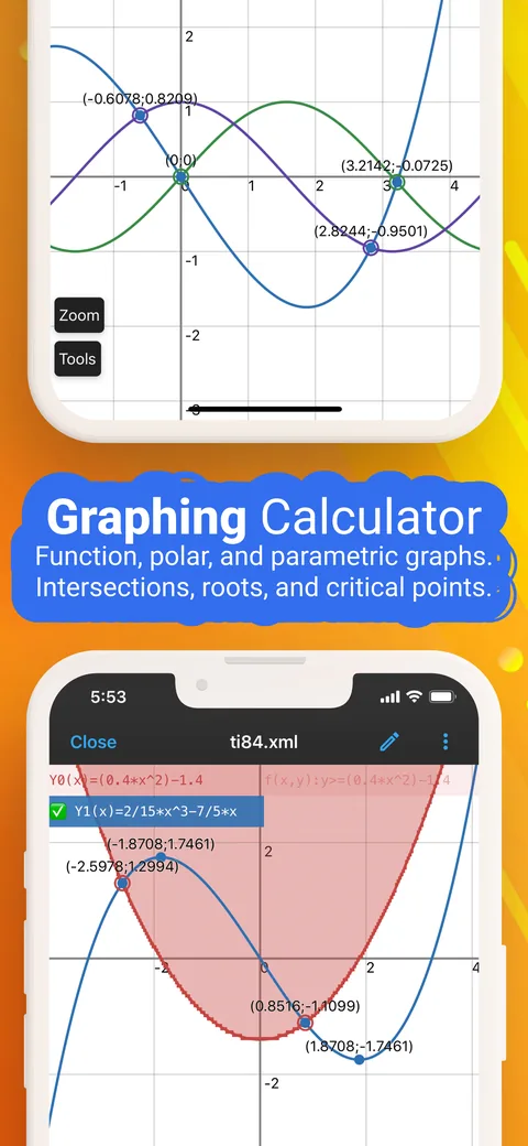 Graphing Calculator — function, polar and parametric graphs; intersections, roots and critical points