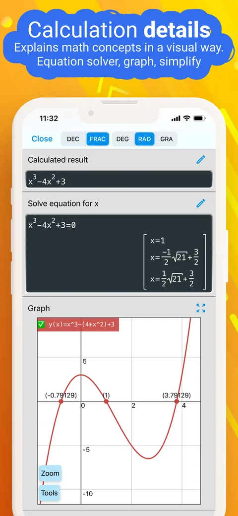 Calculation details: a result explained with the equation solver and a graph