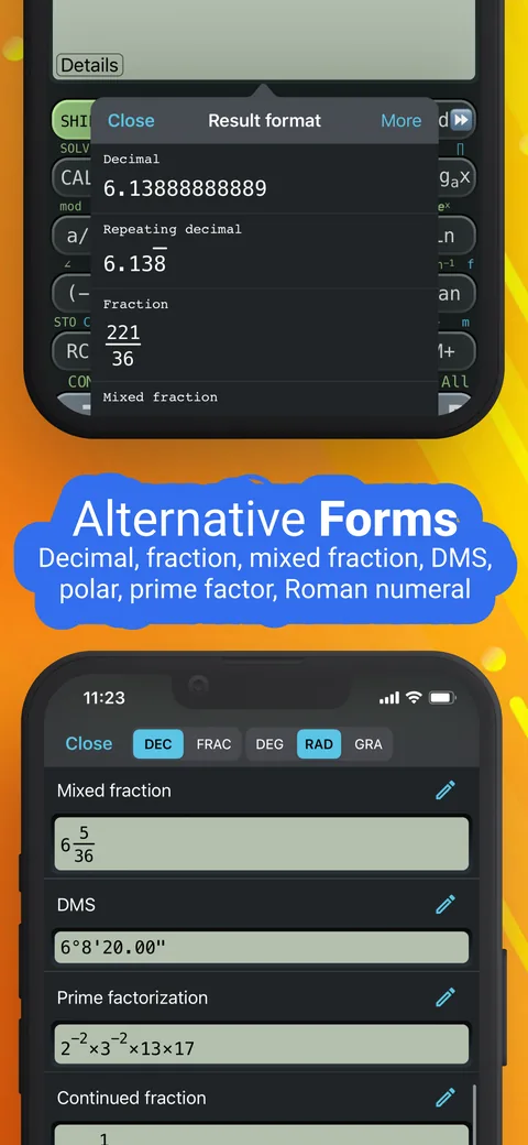 Alternative forms: one result shown as a mixed fraction, in degrees-minutes-seconds, as a prime factorization and as a continued fraction