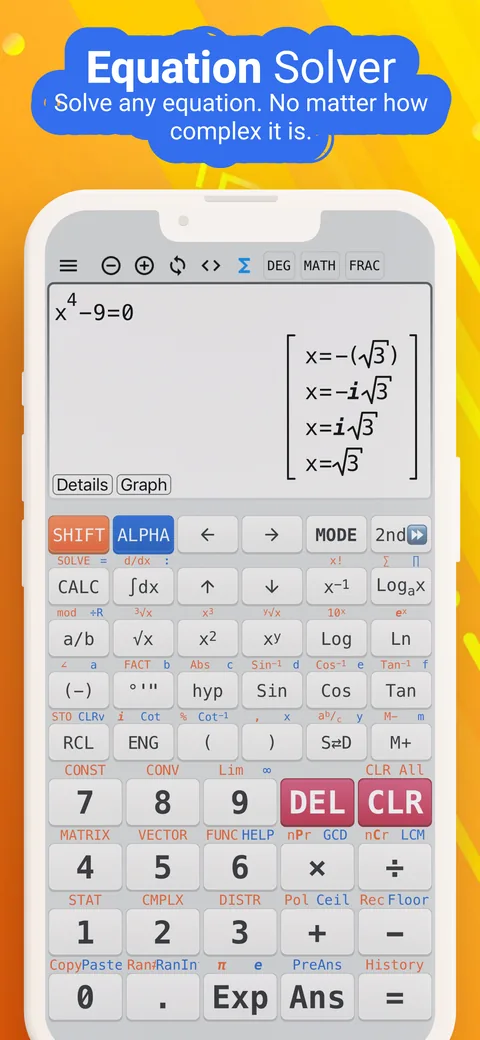 Equation Solver in the dark theme, solving x to the fourth minus 9 equals 0