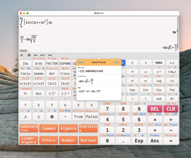NCalc on Mac in the light theme with the extended keyboard and result format panel