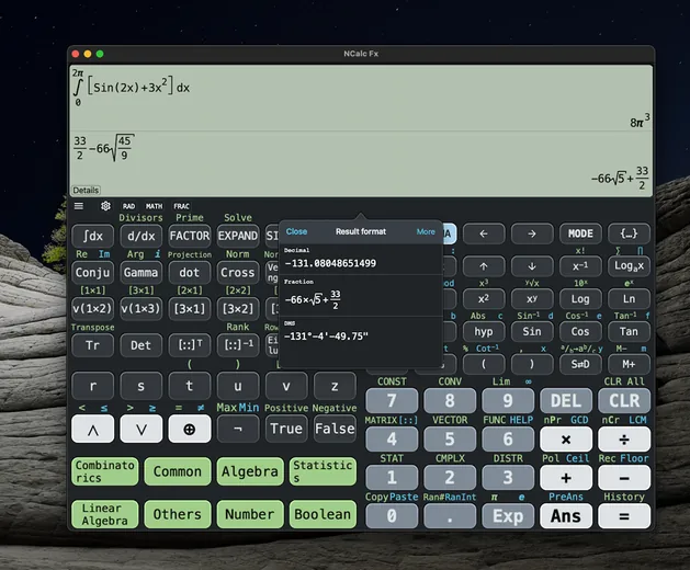 NCalc on Mac in the dark theme with the extended keyboard and result format panel
